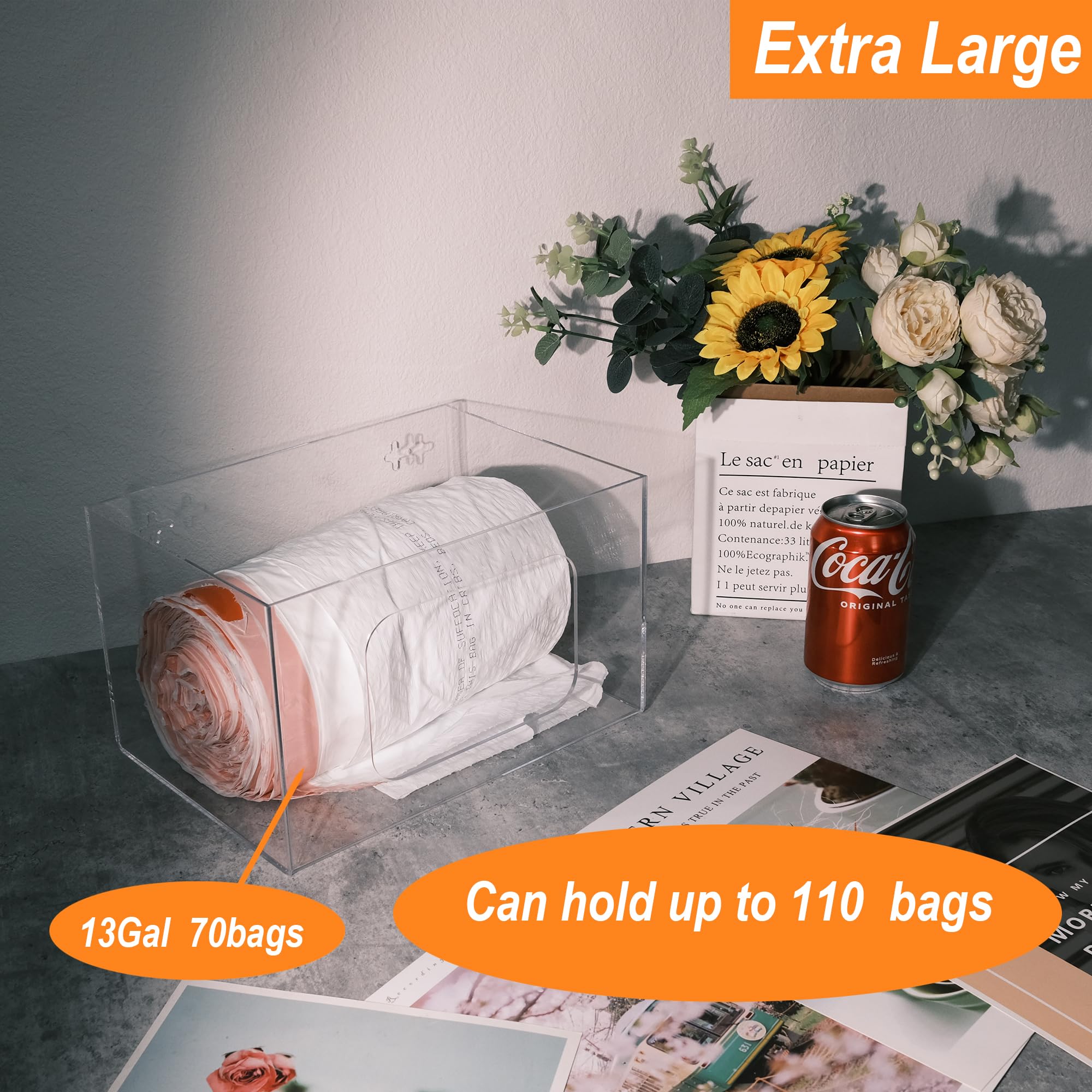 SEANADO Extra Large Trash Bag Dispenser Roll Holder, Wall Mount Acrylic Kitchen Under Sink Organizer Storage Box Large Garbage Bags (10.43” x 7.5” x 6.9” without Lid)