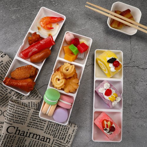 Eaasty 24 Pcs 8.7 x 2.8 Inch 3 Compartment Appetizer Serving Tray Plastic 3 Section Dessert Platters Rectangular Divided Plate White Compartment Serving Dishes Dipping Sauces Dinner Kitchen