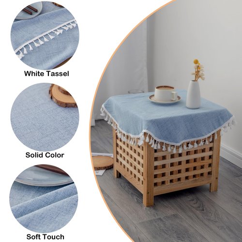YZKITM Linen Small Round Tablecloth 24 Inch Light Blue Washable Wrinkle Resistant Table Cover with Tassels Farmhouse Decorative Burlap Fabric Table Cloths for Nightstand Wedding Camping Party Holiday