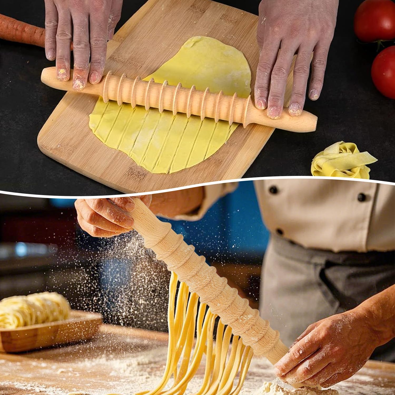 Mlesi 7 Pcs Pasta Making Tools, Wooden pasta kit with Rolling Pin, pasta cutter, Gnocchi Board, Ravioli Stamp, Homemade Noodle Dumpling Pasta Making Accessories