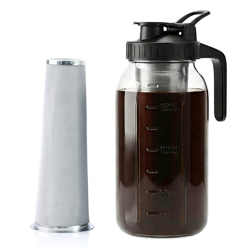 Cold Brew Coffee Maker 64 Oz Wide Mouth Mason Jar Pitcher With stainless steel Filter 2 Quart Airtight & Leak-Proof cold brew pitcher with pour spout lid and handle For iced Coffee Tea and lemonade