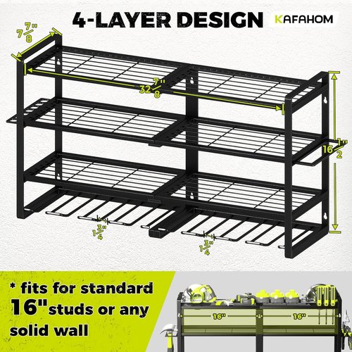 KAFAHOM Power Tool Organizer - Heavy Duty 4-Layer Wall Mount Storage Rack for Drills & Tools