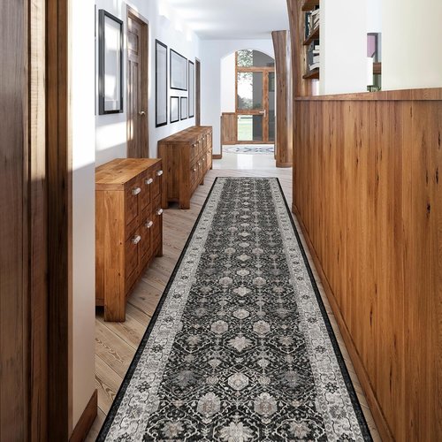 Hallway Washable Runner Rug - Vintage Soft Non-Slip Indoor Carpet for Entryway | 2'6'' x 12', Black
