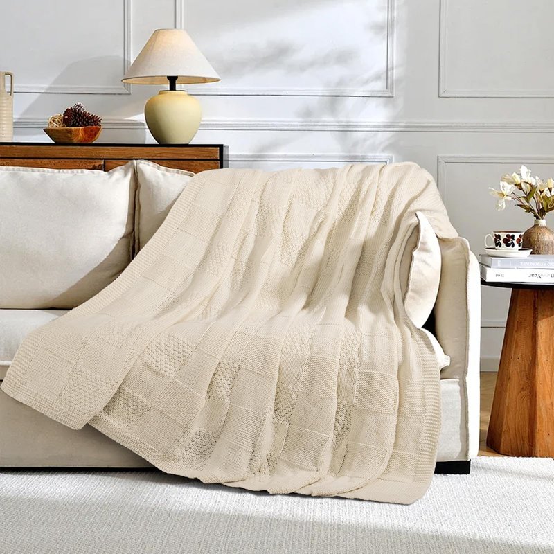 NEXHOME PRO Knit Throw Blanket,Classical Checkered Blanket for Couch,Cozy Warm Knitted Throw Blanket for Bed Sofa Living Room, Decorative Stretched Throw, Lightweigh,50"X 60"Navy Blue