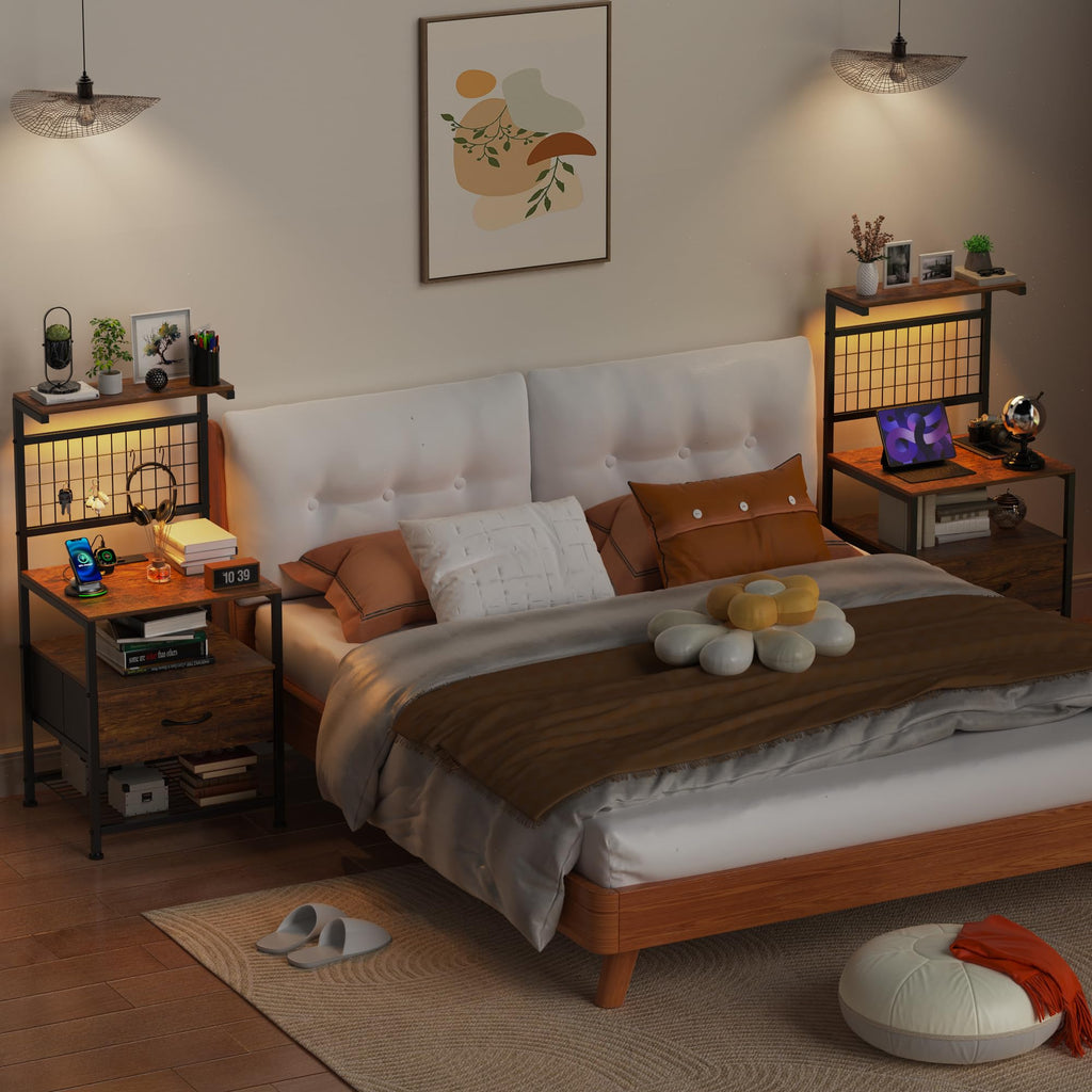 Aetheris Night Stand with Charging Station and LED Lights, End Table with Drawers and Storage Shelves, NightStand with Storage Shelf & Hooks, Night Stand for Bedroom, Rustic Brown