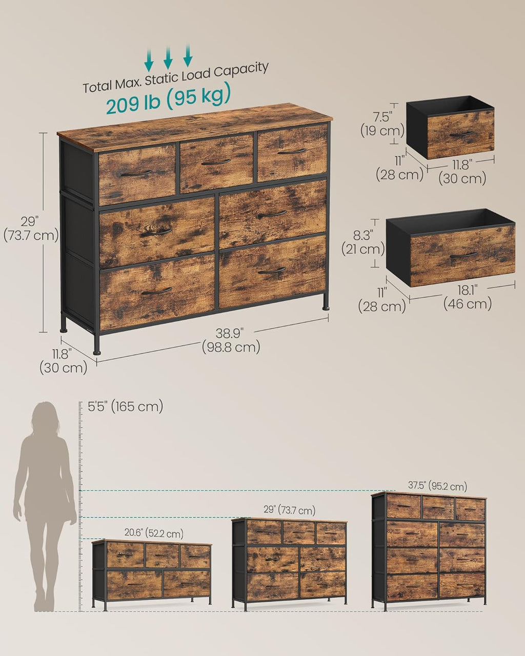 SONGMICS Dresser - 7-Drawer Storage Organizer Unit for Bedroom or Entryway - Rustic Brown & Ink Black