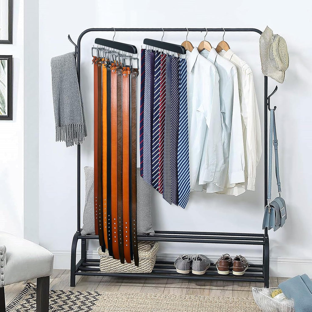 Skiennix Belt Hanger | Sturdy Wood Belt Rack Organizer with 14 Hooks - Black, Max 42 Belts Capacity