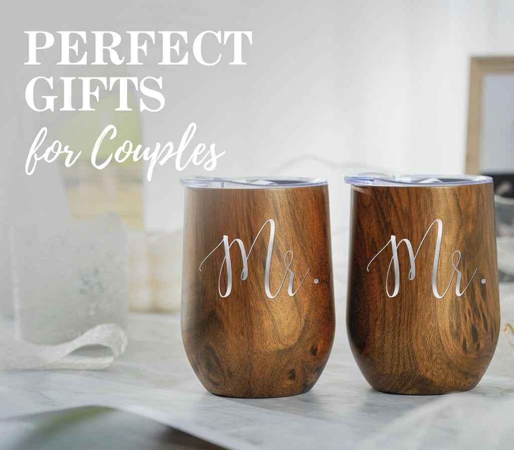 Onebttl Mr & Mr Gifts Tumbler Set - Stainless Steel 12oz/350ml with Lid - Wooden, Perfect for Wedding, Engagement, Valentine's Day, Anniversary & Newlyweds