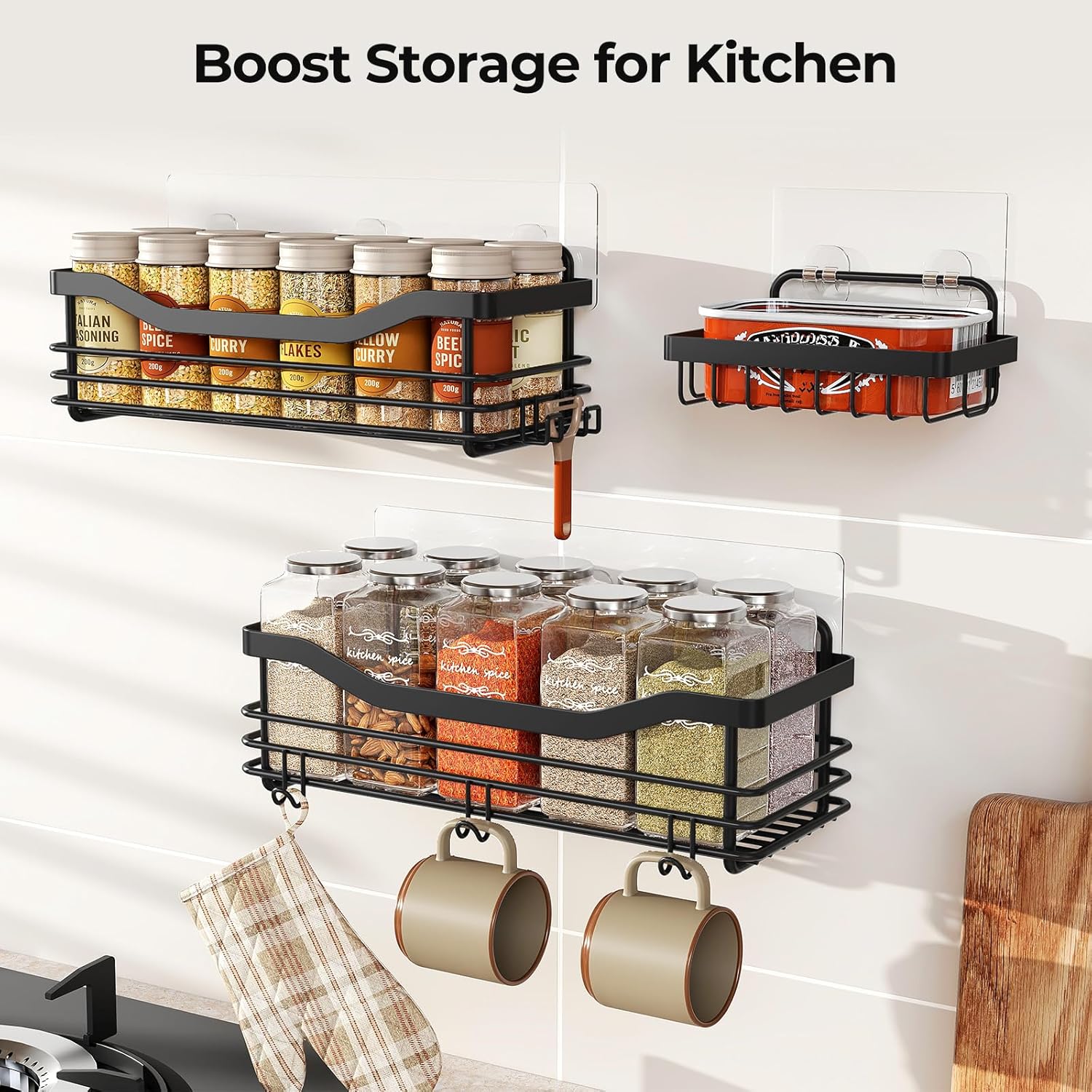 Orimade Shower Caddy Basket - Wall-Mounted Bathroom Organizer with 5 Hooks | 3 Pack, Black, SUS304 Stainless Steel
