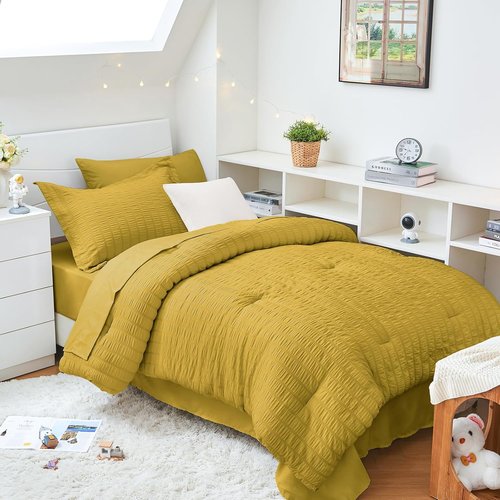 HYMOKEGE Twin XL Comforter Set - Mustard Yellow Seersucker 5-Piece All-Season Luxury Bedding Set