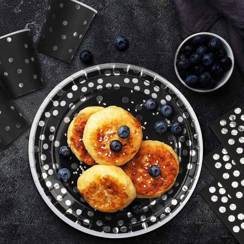 175PCS Black & Silver Party Supplies - Silver Dot Disposable Dinnerware - Black Paper Plates, Napkins, Cups, Plastic Forks, Knives, Spoons for New Year, Wedding, Graduation, Birthday Parties