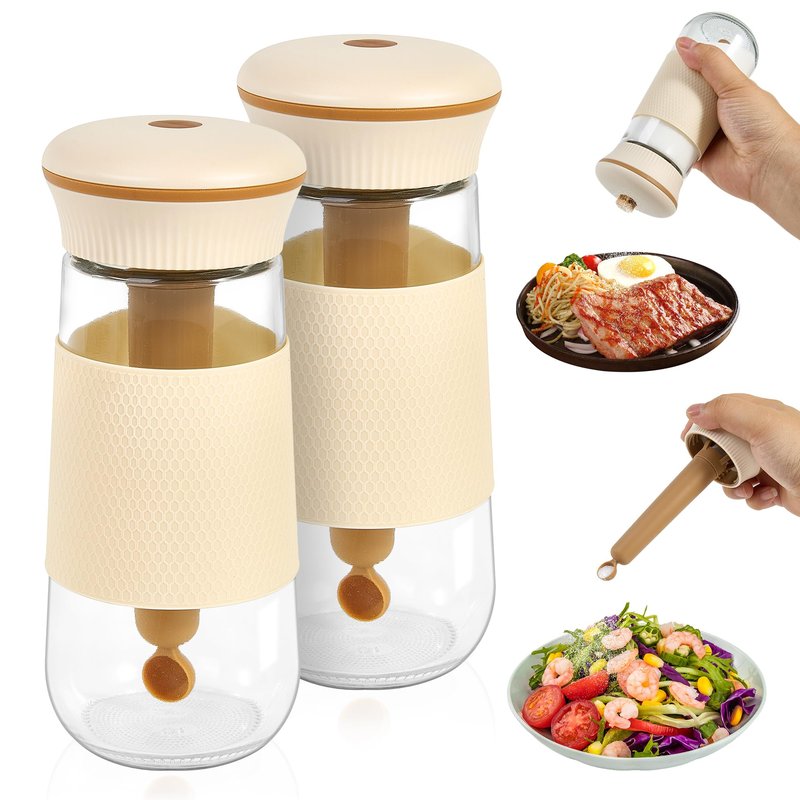 LAKUMIQI 2-in-1 Salt Shaker, Glass Salt and Pepper Shakers Set with 1g Measuring Spoon, 2PCS Salt Pepper Containers Farmhouse Cute Salt Shakers for Kitchen, Easy Filling