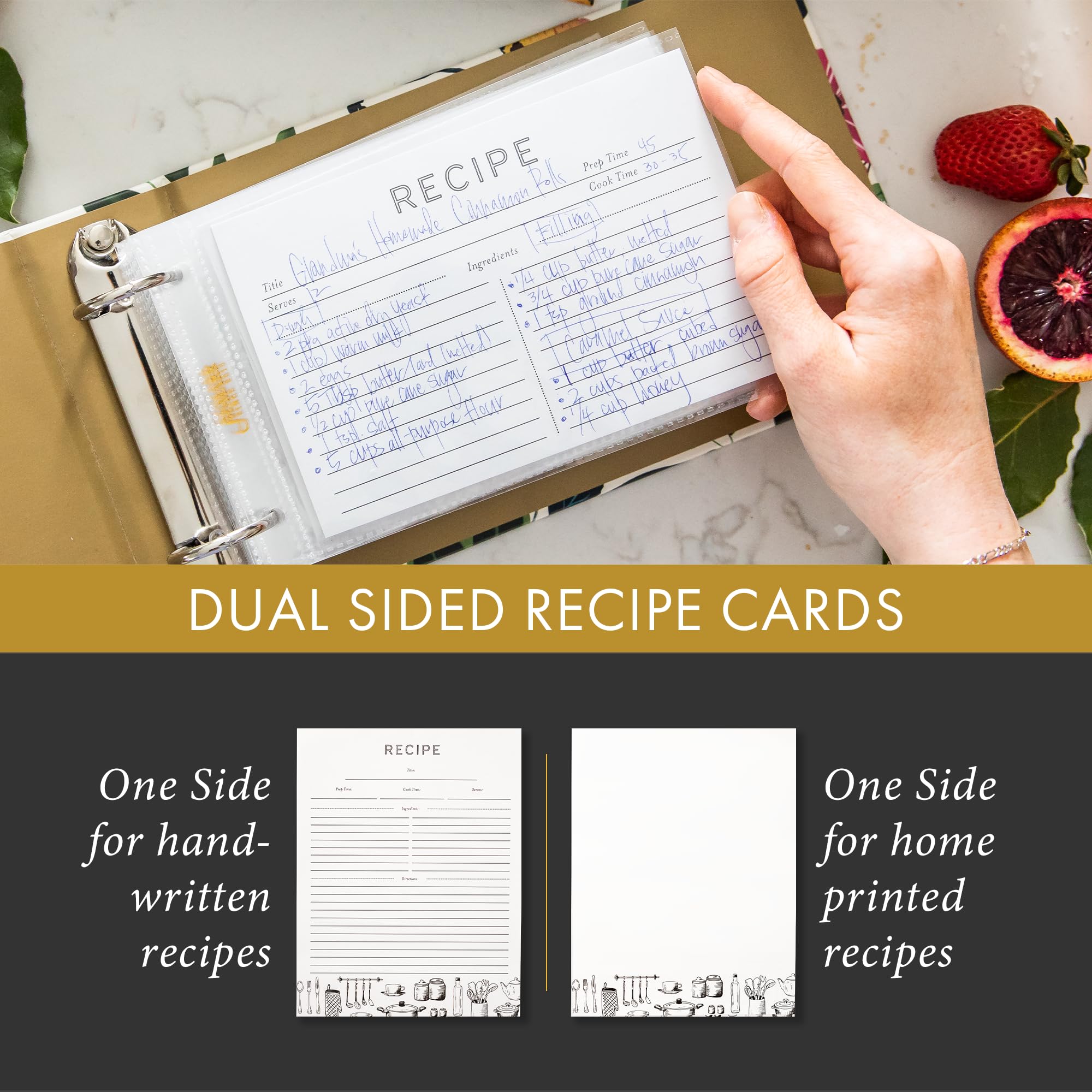 Jot & Mark 8.5" x 11" 3 Ring Recipe Binder with Spill-Proof Clear Binder Sleeves Sheet Protector, 30 Dual-Sided Recipe Card Pages for Written & Printed Recipes, Tabbed Dividers, Culinary Crockery