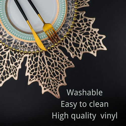 Snowkingdom 6 Pcs Fall Thanksgiving Maple Leaf Placemats, 17"X16" Gold Round Vinyl Table Mats Pressed Metallic Hollow Out Place mats for Autumn Harvest Holiday Party Centerpiece Dining Table