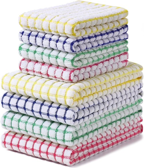 Homaxy Kitchen Towels Set - Super Soft & Absorbent Cotton Dishcloths | 8-Piece Set in Blue, Yellow, Red & Green