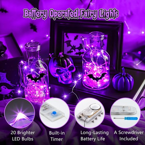 Minetom 6 Pack Purple Fairy Lights - 7ft Battery Operated Waterproof LED String Lights for Halloween Decor