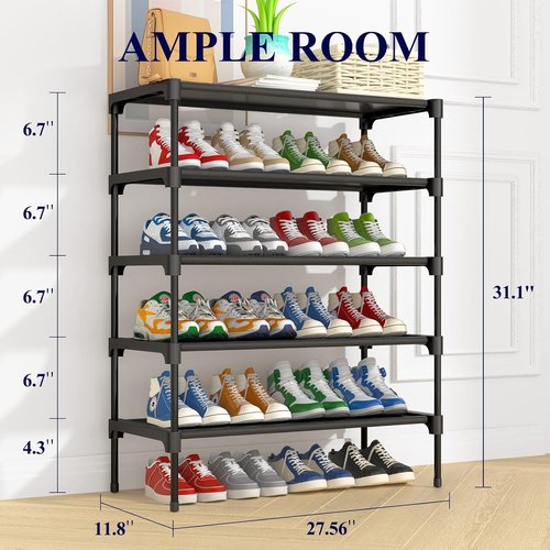 Kitsure Shoe Rack - Stackable Non-Woven Shoe Organizer for Closet & Entryway | 5-Tier, 27.5" Wide, Black