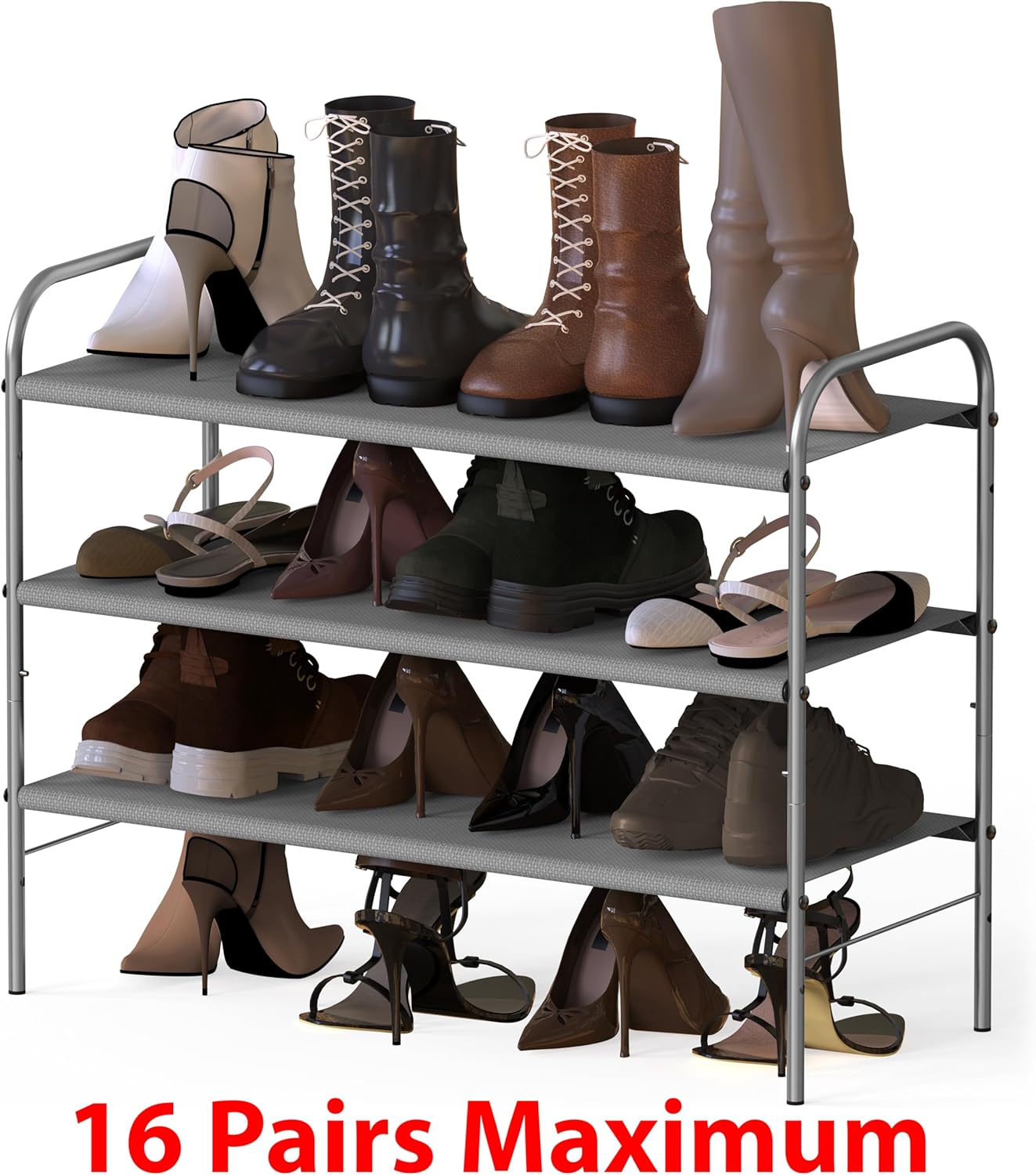 Simple Houseware 3-Tier Shoe Rack - Space-Saving Organizer for 9-16 Pairs | Sturdy Metal Frame, Easy Assembly, Grey