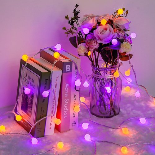 JMEXSUSS 100 LED Globe String Lights - 33ft Indoor/Outdoor Fairy Lights with Remote & 8 Modes | Orange & Purple