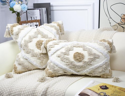 NUYECY Decorative Farmhouse Throw Pillow Covers 16 x 16,Modern Neutral Couch Pillow Cover,Cotton Checked Pattern Boho Square Pillow Case Cover for Couch Bed Sofa Bedroom,Khaki&Beige&White
