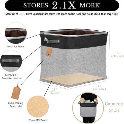 DECOMOMO Extra Large Fabric Storage Baskets - 54.5L Organizing Bins for Linen Closet & Nursery | Grey & Black, 3 Pack
