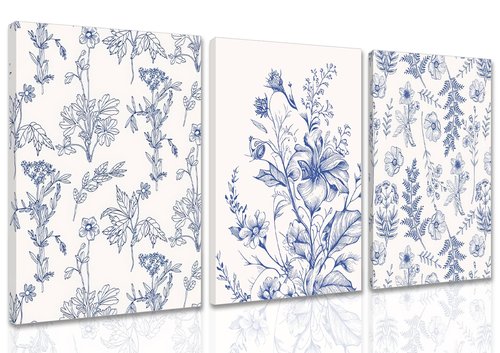 Blue Flowers Wall Art Set of 3, Chinoiserie Floral Canvas Wall Decor, Botanical Wall Art, Blue-Purple Wildflower Pattern Prints, Blue and White Plant Painting for Bathroom Bedroom 16x24 in Framed