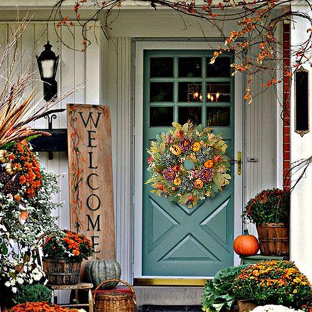 WANNA-CUL 24 Inch Spring & Fall Wreath - Blue Hydrangea & Purple Peony | Autumn Door Decor