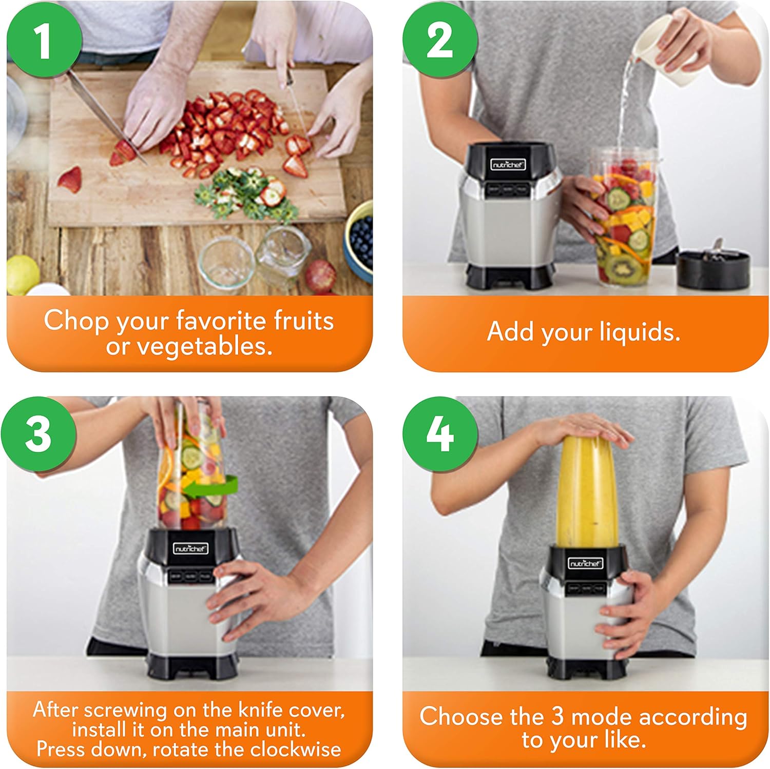 NutriChef Personal Electric Blender - Compact Mini Blender for Smoothies & Shakes | 20 & 24 oz Cups, Black