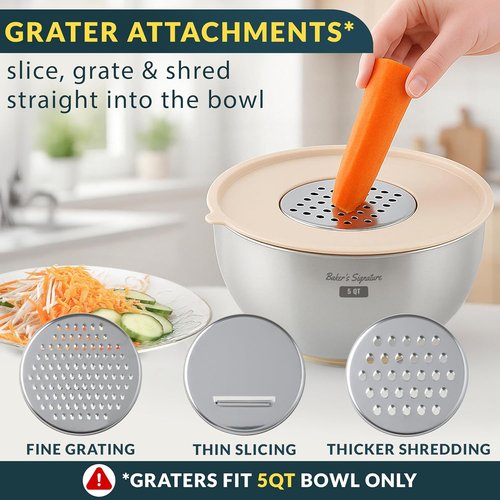 Baker's Signature Stainless Steel Mixing Bowls Set - Airtight Lids, Non-Slip Base | 5 Sizes (0.63QT-5QT), Khaki