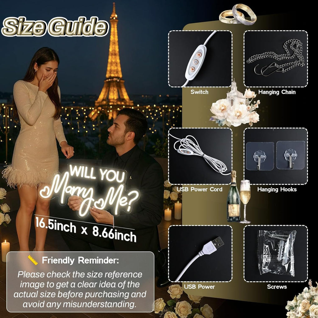 Will You Marry Me Neon Sign by [Brand Name] - 16.5 Inch Cool White LED Light for Proposal & Wedding Decor