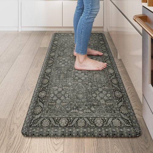 KIMODE Anti Fatigue Kitchen Mat, Cushioned Boho Distressed Kitchen Runner Rug, Non Slip Waterproof Kitchen Mat for Floor, Comfort Foam Standing Desk Mat for Laundry Office Sink Green/Grey 20"x39"