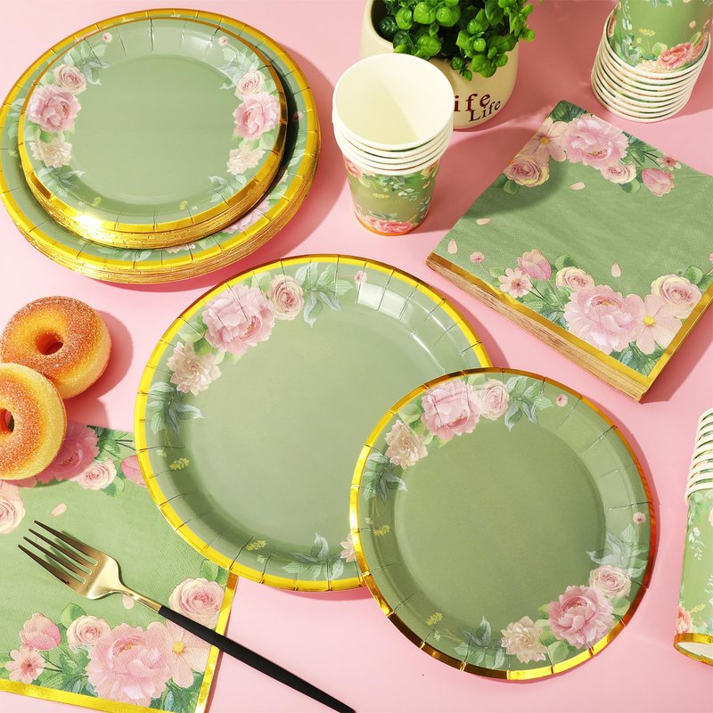 Whaline 120 Pcs Sage Green Flower Tea Party Decorations for 24 Guests 24 9" Dinner Plates 24 7" Dessert Plate 24 9oz Cups 48 Luncheon Napkins for Spring Bridal Shower Wedding Party Supplies