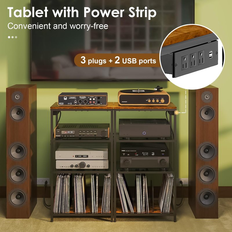 Huxitocan Record Player Stand with Storage, 4 Tier Turntable Stand with Vinyl Record Storage, Stereo Cabinet with Record Holder, Media Stand with Outlets for Entertainment Center