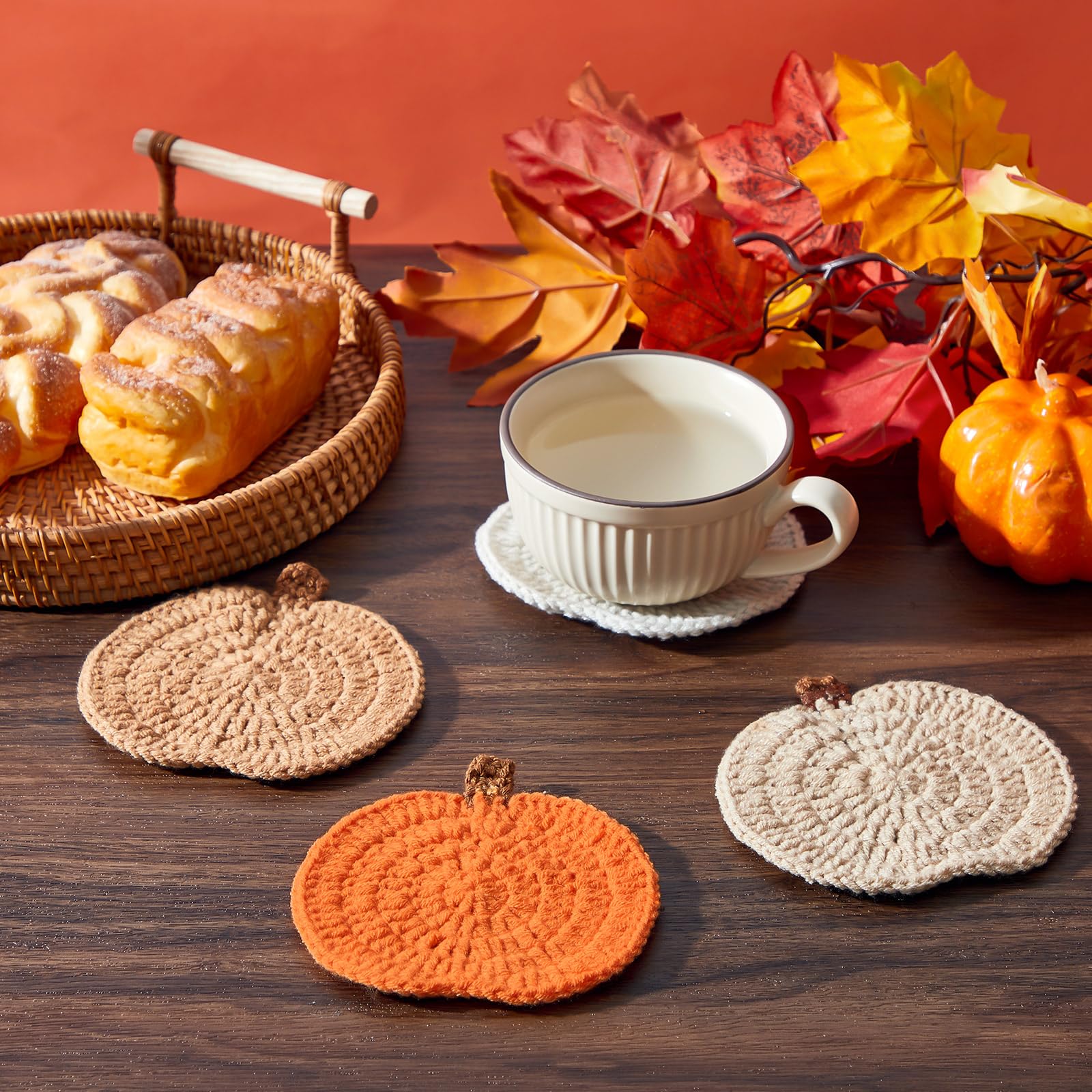 Hushee 8 Pcs Fall Coasters Crochet Thanksgiving Pumpkin Coaster 4.72inch Orange Home Decor Handmade Woven Pumpkin Drink Cup Pad Mats for Autumn Harvest Thanksgiving Kitchen Table Party Decor Gifts