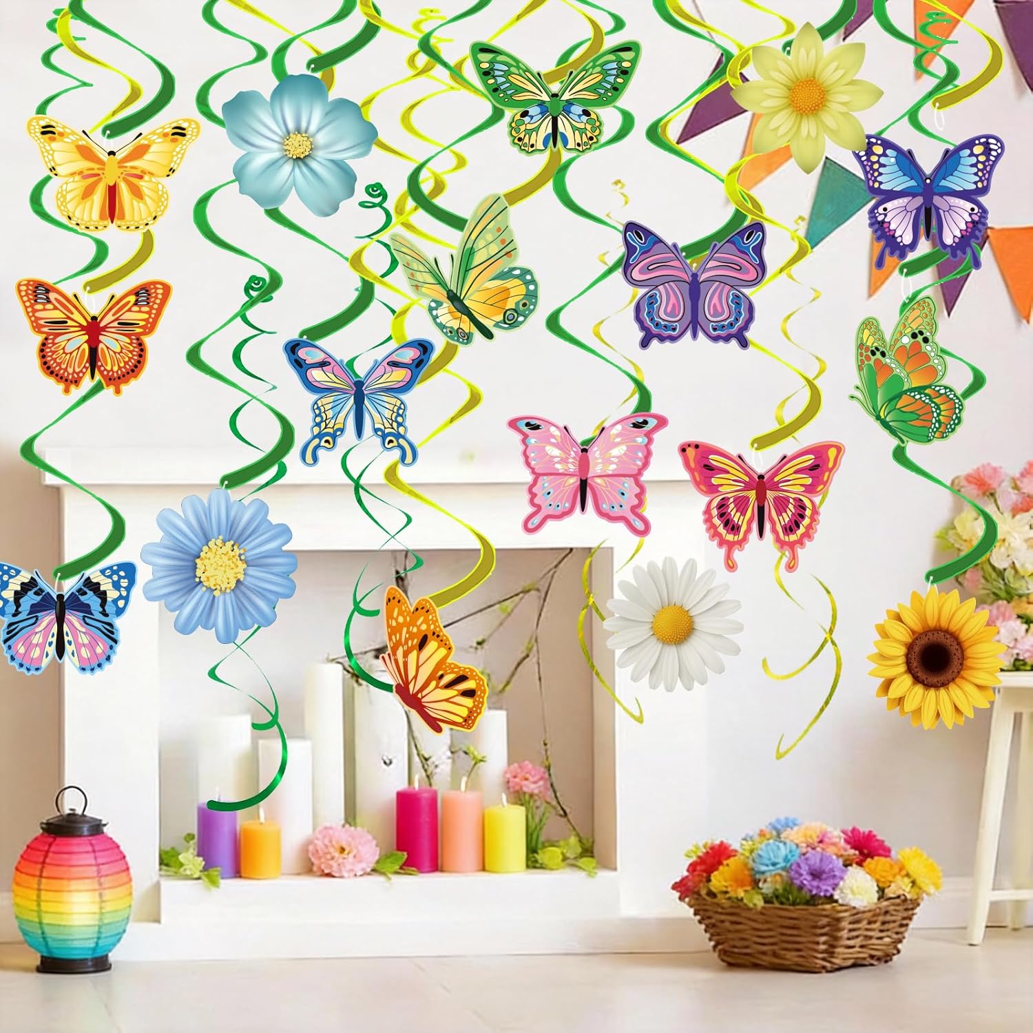 Skiennix 33-Piece Spring Hanging Decorations - Flower & Butterfly Swirl Streamers for Easter & Birthday Parties