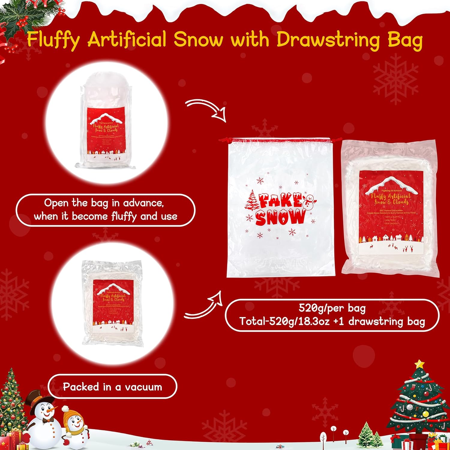 Skiennix Fake Snow Decor - 520g Fluffy Artificial Snow for DIY Christmas & Holiday Displays