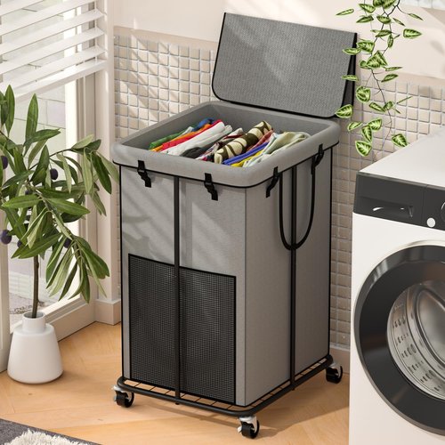 Large Laundry Hampers with Lid, Oxford Fabric Laundry Hampers, Metal Frame and Removable Bag Design with Wheels, Suitable for Bedroom, Bathroom, Dorm Room, Laundry Room (Grey with Lid)
