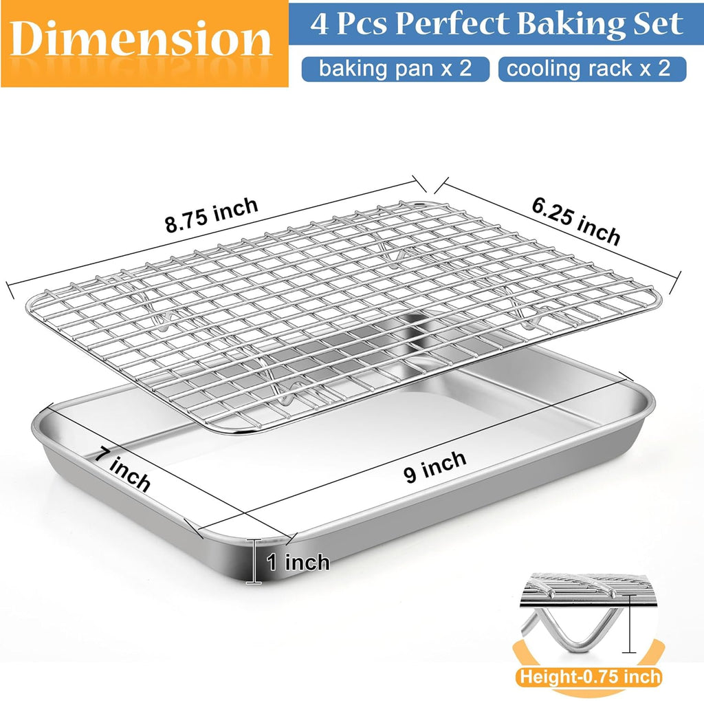TeamFar Stainless Steel Toaster Oven Pan Set - 9 x 7 Inch Mini Baking Tray with Rack | Heavy-Duty & Dishwasher Safe