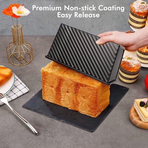Beasea Pullman Loaf Pan with Lid, 2 Pack 1 lb Non-Stick Black Bread Loaf Pans for Homemade Bread Carbon Steel Toast Box with Cover for Bakeware Toast Oven Baking