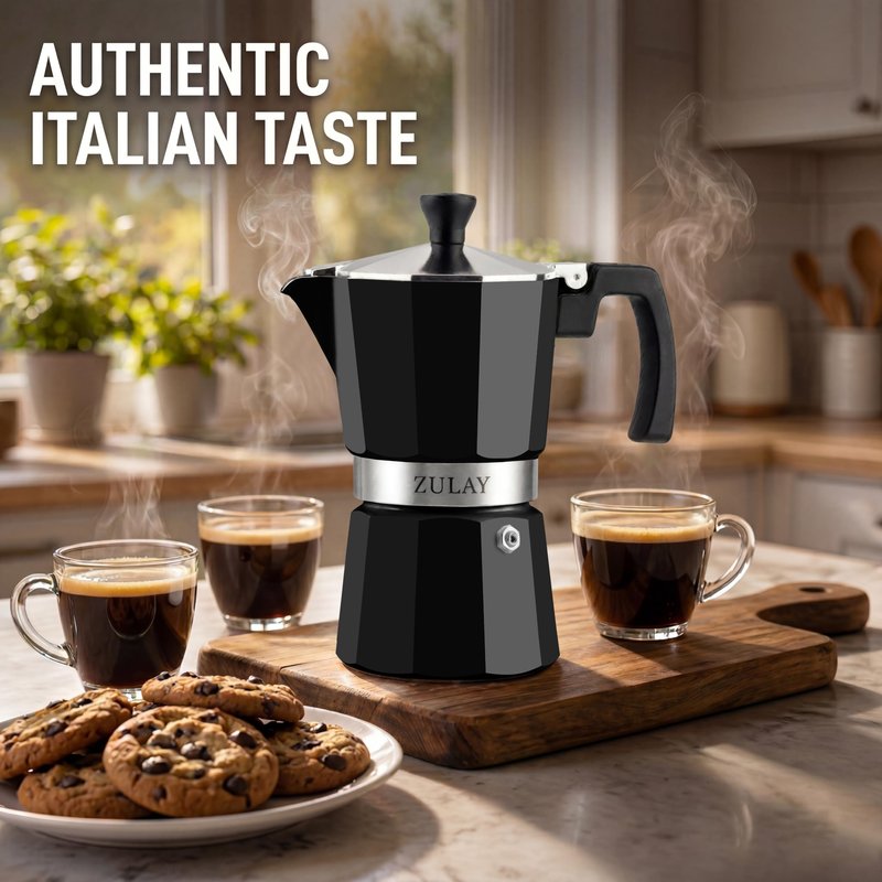 Zulay Moka Pot Espresso Stovetop Coffee Maker - Leak-Proof, Stainless Steel, Easy to Clean, Heat Resistant Handle & Knob - for Authentic Cuban & Italian Style Espresso - Makes 6 Espresso Cups - Black