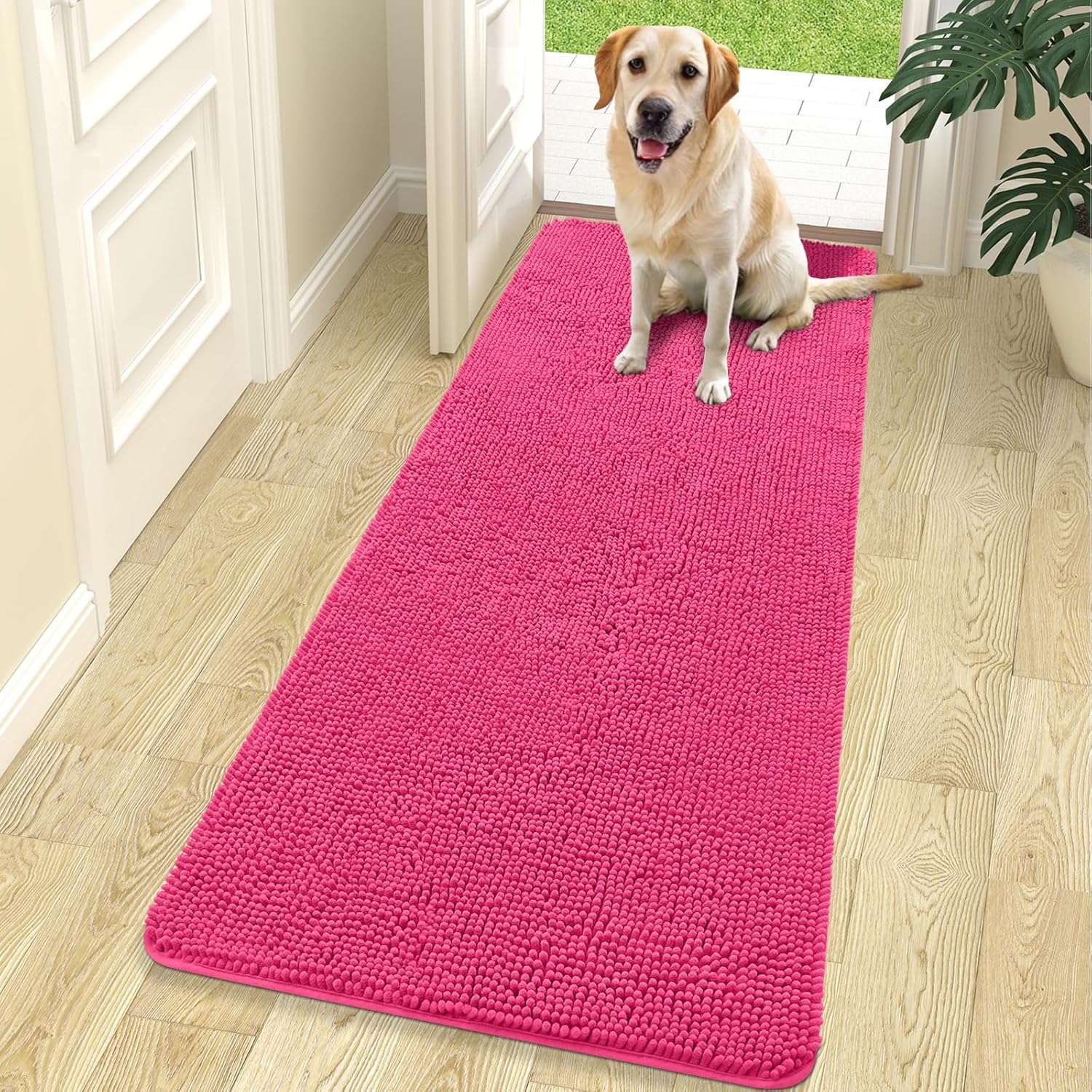 OLANLY Dog Door Mat - Absorbent Non-Slip Chenille Mat for Muddy Paws | 70x24 Inches, Hot Pink