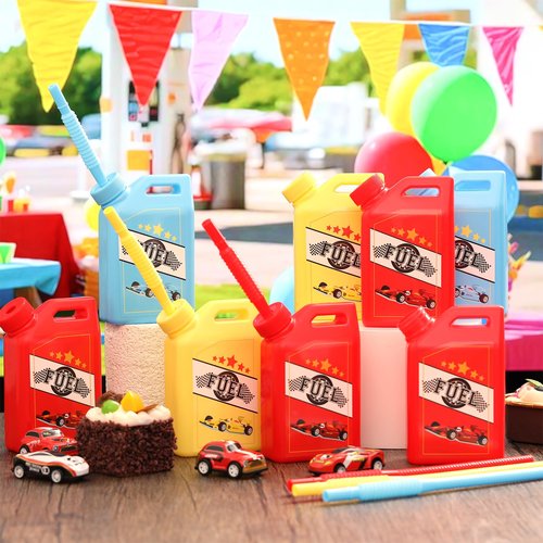 Mifoci 24 Pcs Race Car Fuel Can Cups Set 11 oz Fuel Race Drinking Cup with Straw Red Blue Yellow Racing Theme Birthday Party Favor for Kids Racing Car Theme Birthday Party Baby Shower