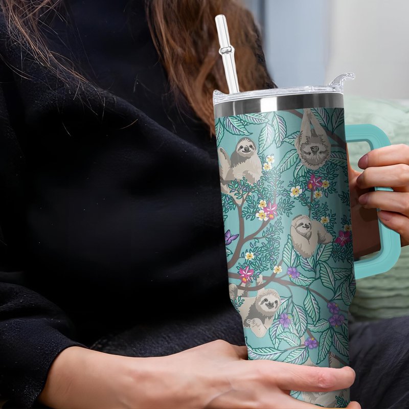 Kearscupra 40 oz Sloth Tumbler with Handle and Straw, Insulated Stainless Steel Cup with Lid, Travel Coffee Mug Water Bottle, Animal Lovers Women Gifts