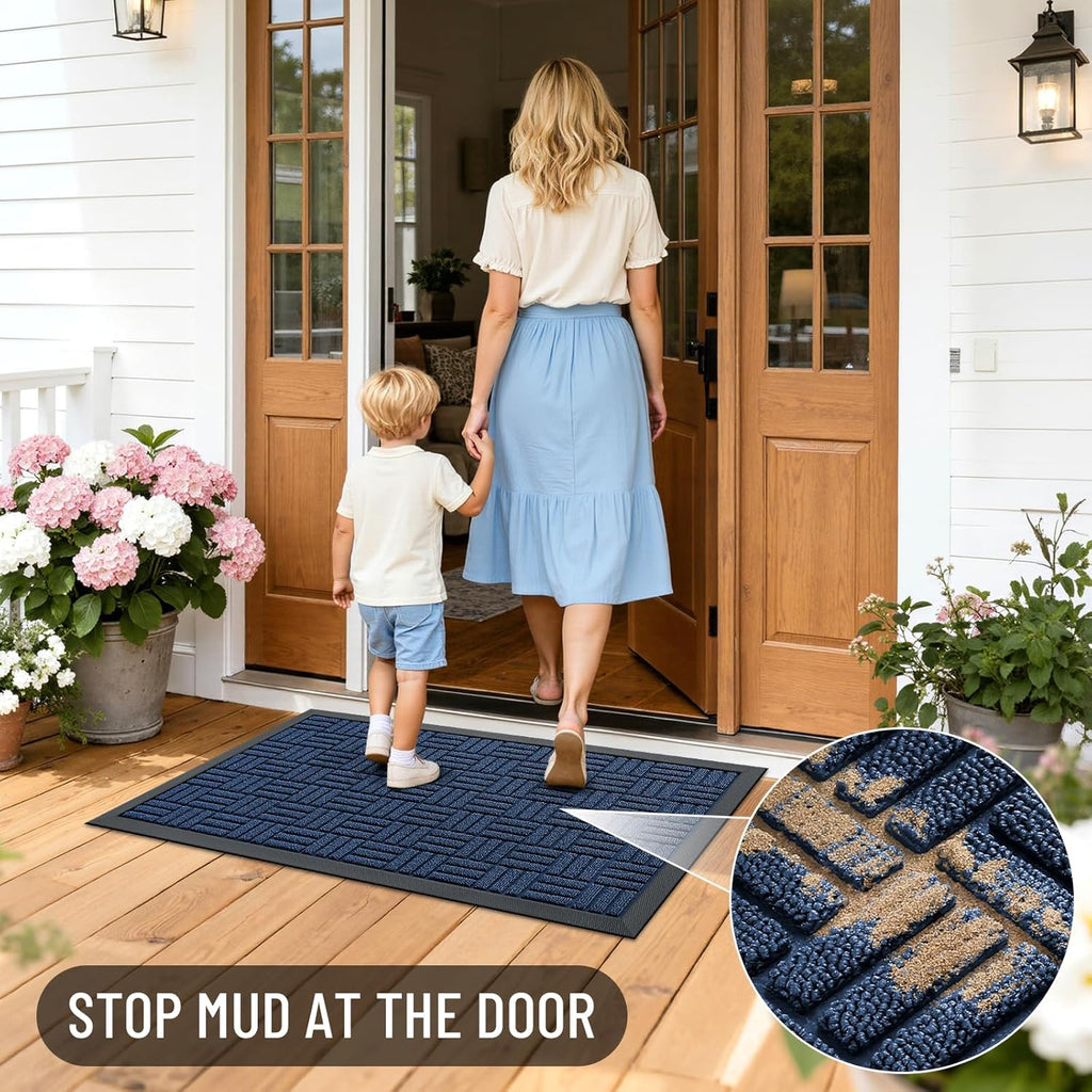 OLANLY Heavy Duty Front Door Mat - Absorbent Non-Slip Natural Rubber | 29.5x17 Inches, Navy Blue