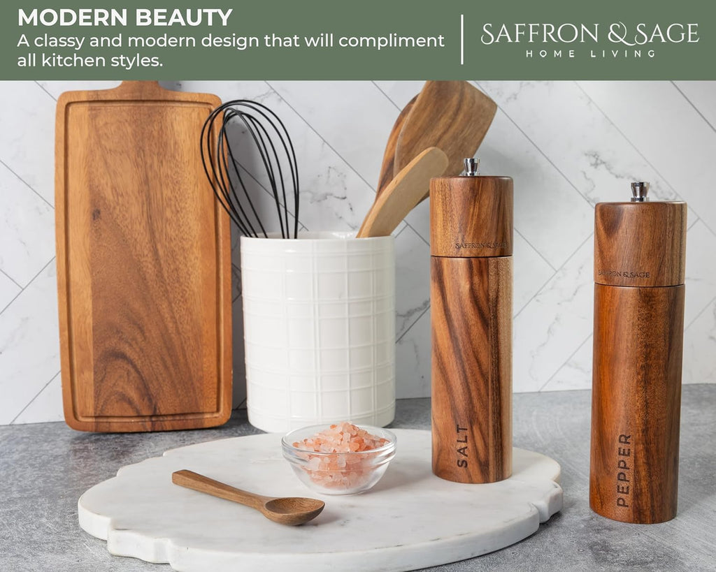 Saffron & Sage Premium Acacia Wood Salt and Pepper Grinder Set | 8” Tall with Adjustable Coarse Settings