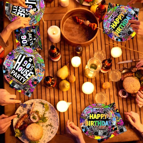 96 Pcs 90's House Party Supplies Disposable 90s Party Paper Plates and Napkins Retro Graffiti Wall Back To The 90' Tableware Set for Men Women 90s Birthday Hip Hop Party Decorations Serves 24