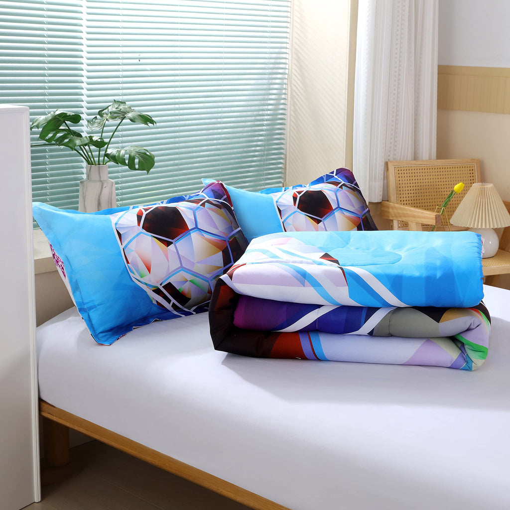 Suncloris 3D Football Comforter Set for Boys, Queen Size Sports Bedding Comforter Soccer Themed Bedding Comforter with 2 Football Patterned Pillowcases - 90"x90" (Queen, 01)