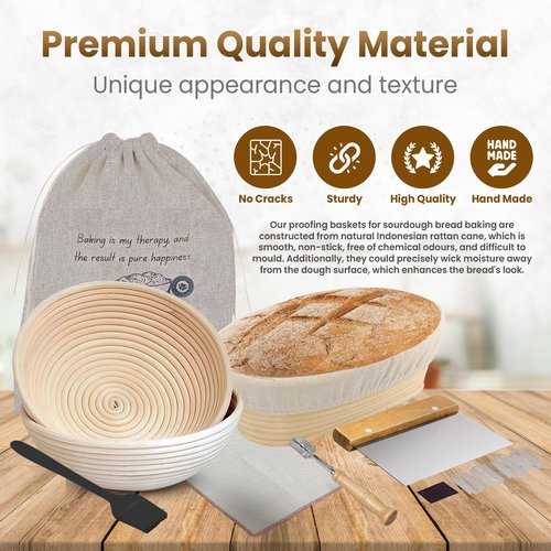 Benneton Proofing Basket Set of 3: 9' & 10' Round, 10" Oval Rattan Bread Baskets with Cloth Lining + Bread Lame & Silicon Brush