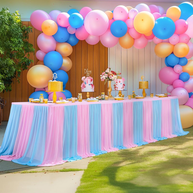 Pink Blue Tulle Tablecloth 4Pack Stretchable Cross Table Cover 3 Sides for Wedding, Birthday, Party Decor, Banquet, Bridal Shower Fits Rectangle Tables 6ft