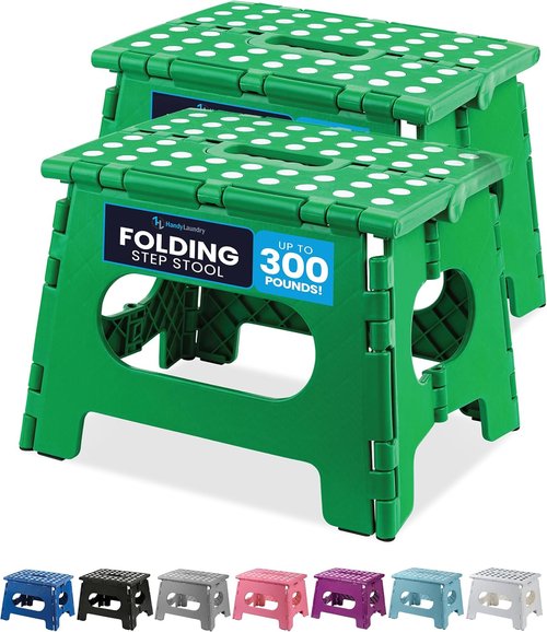 Handy Laundry Folding Step Stool - Lightweight & Sturdy for Adults and Kids - Easy One Flip Open - Green | 2-Pack